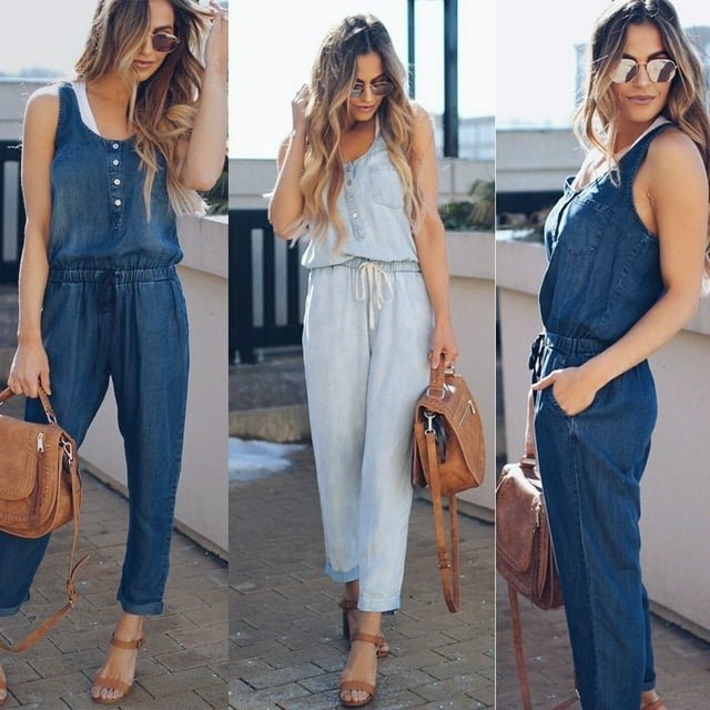 2019 Nouvelle Mode Sexy Combinaison en Jean Sans Manches pour Femmes