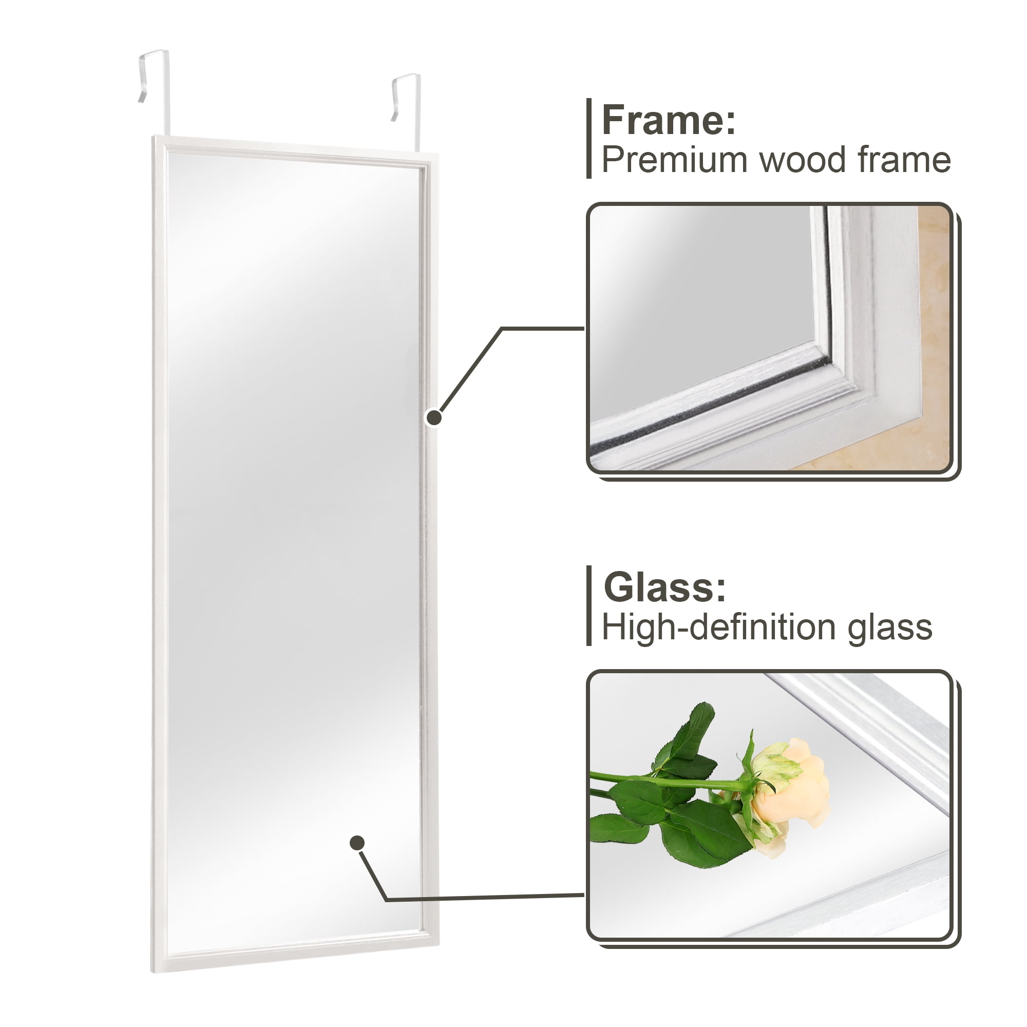 Over The Door Mirror Full Length, 51"x18" Door Mirror Full Length with Wood Frame, Full Length Mirror Over The Door with 2 Hangers Removeble, Hanging Mirror for Door or Wall Mounted Mirror