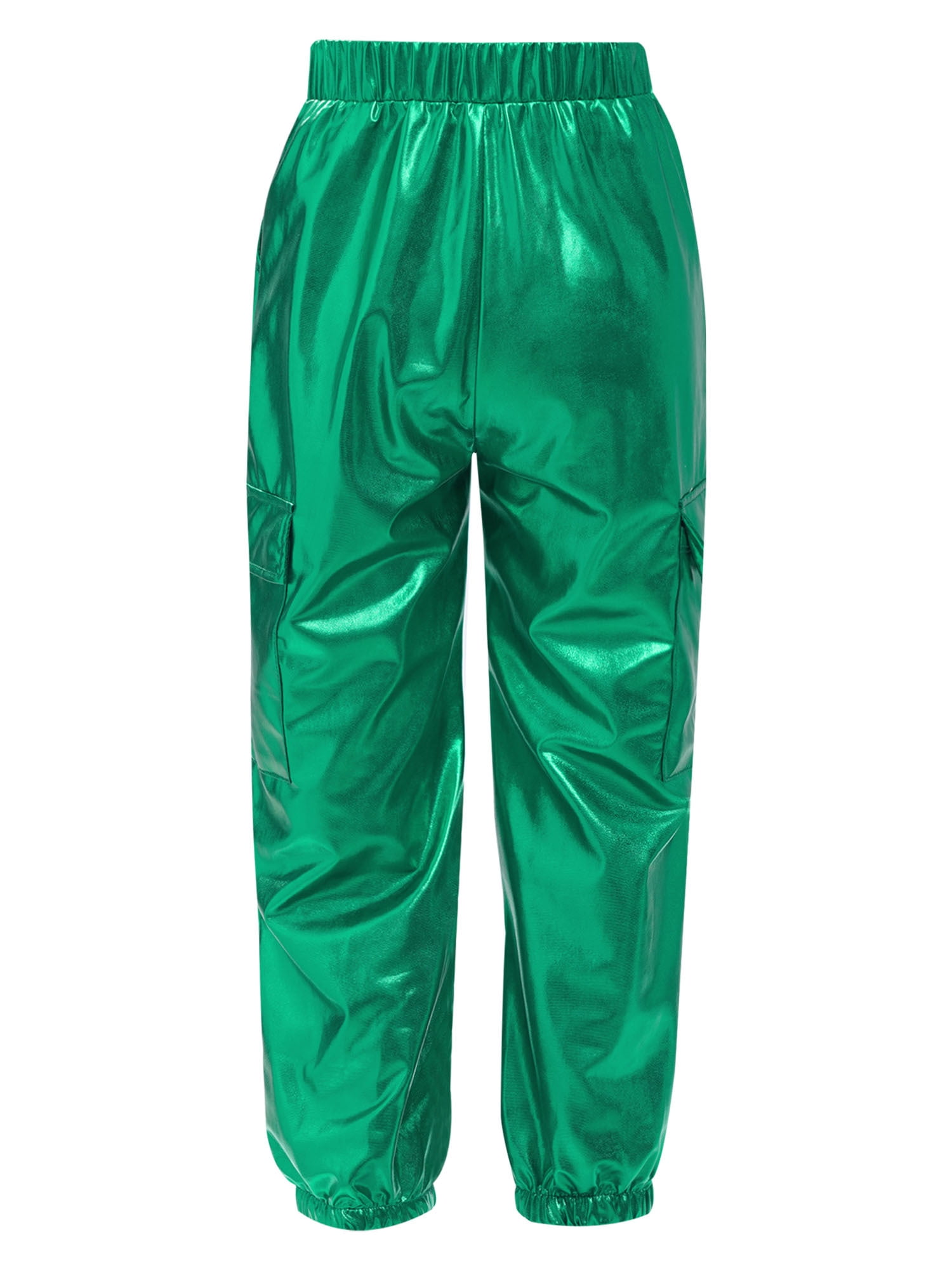 RUNQHUI Girls Boys Metallic Shiny Cargo Pants Kids Multi Pockets Joggers Holographic Hip Hop Jazz Dance Trousers Green 10