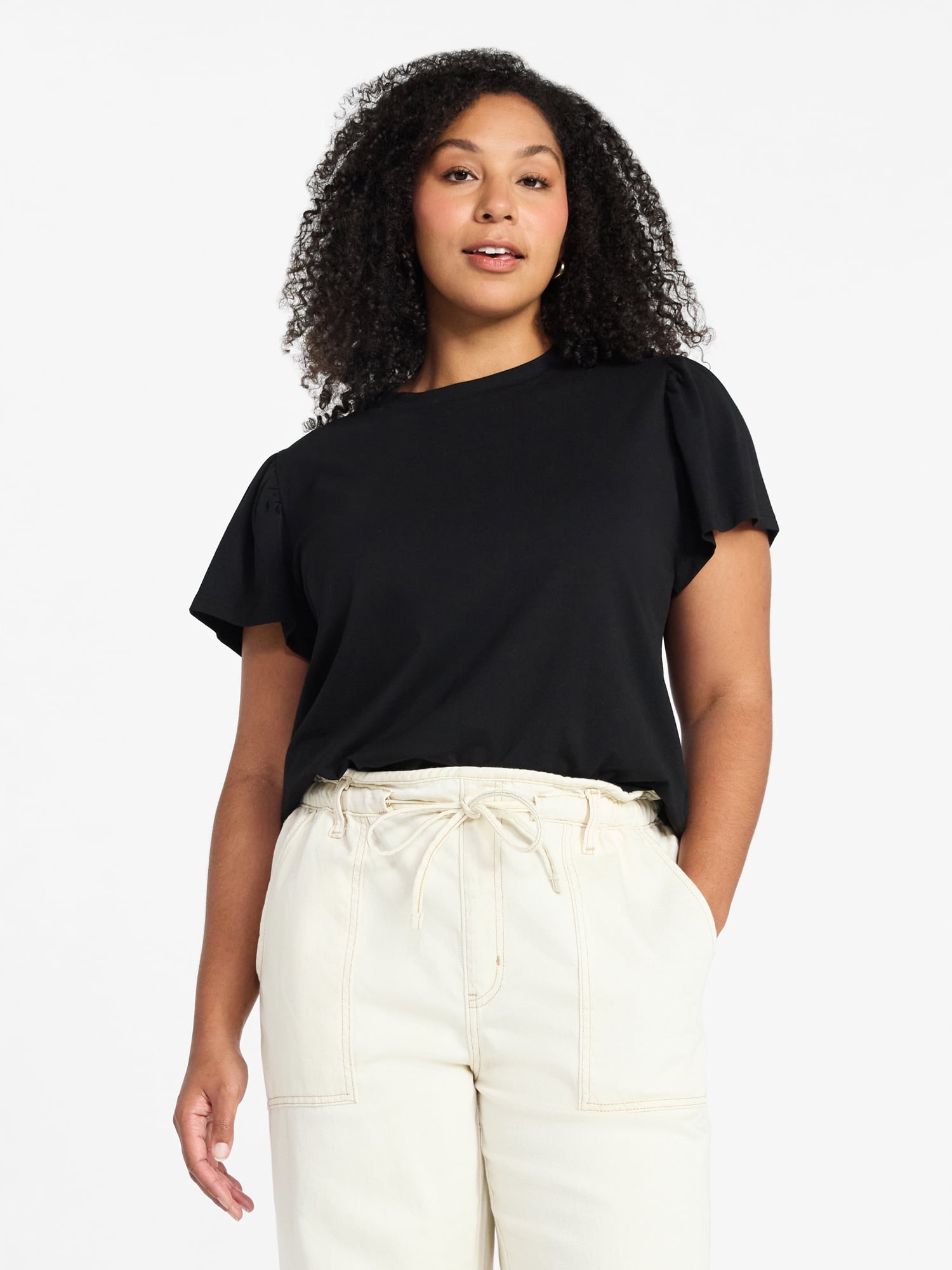 Time and Tru Women's Crewneck Top with Short Flutter Sleeves, Sizes XS-XXXL