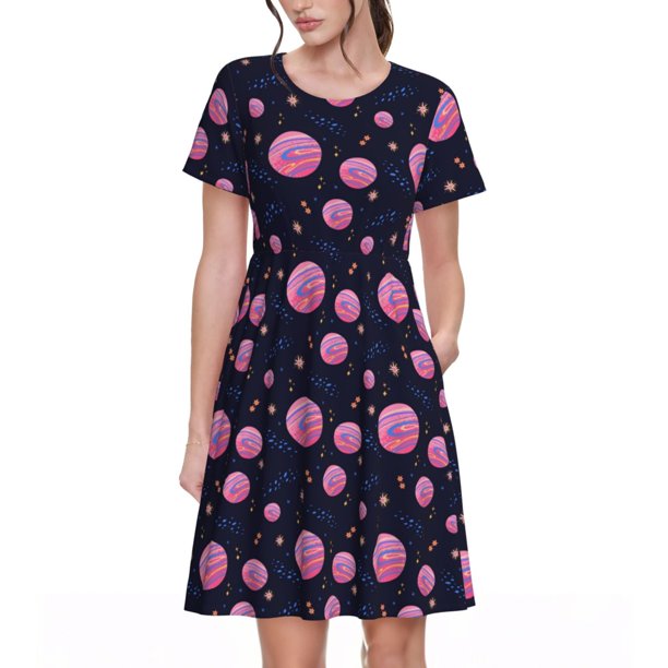 Balery Pink Planets And Stars Vestidos sueltos de manga corta para mujer, vestidos de verano 2025, vestidos casuales de corte A con vuelo.