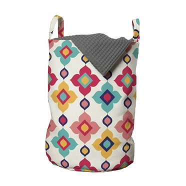 Ethnic Laundry Bag, Oriental Inspired Floral Pattern as Vertical Lines Array in Colorful Design, Basket with Handles Drawstring Closure for Laundromats, 13" x 19", Ivory Multicolor, by Ambesonne