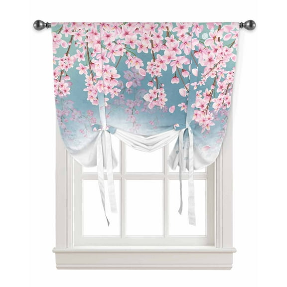 Peach Blossom Watercolor Flower Window Curtains Tie Up Curtains for Kitchen Living Room Adjustable Rod Pocket Valances