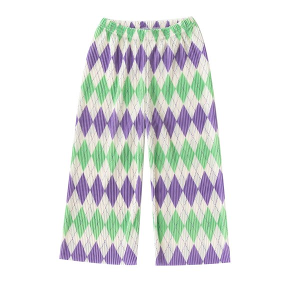 Girls Chiffon Pants Checkered Wide Leg Ribbed Pants Stretchy Mid Rise Summer Casual Long Trousers 8T