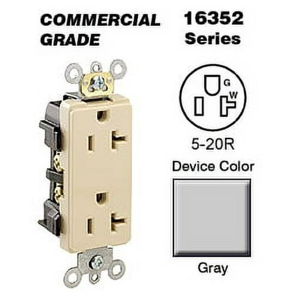 Leviton 16352-GY Decora Duplex Receptacle Commercial Grade 5-20R 20A 125V BandS Wired - Gray