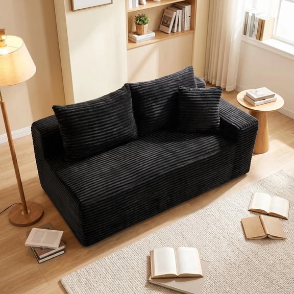 Black Corduroy Ground-Hugging Compressed Loveseat, Armless No-Legs 2-Seater Sofa for Living Room Small Apartment