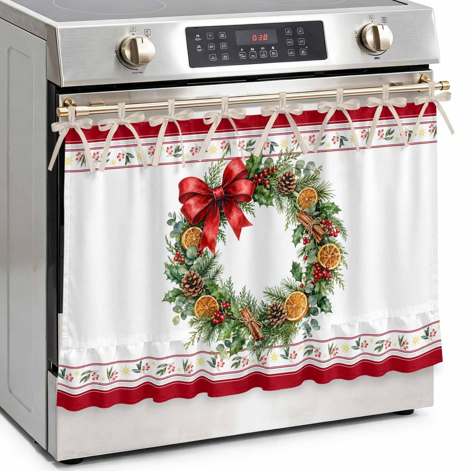 Christmas Oven Skirt Curtain Kitchen Stove Skirt Cover with Tie Top Pine Wreath Orange Bow Botanical Berry Red Line Decorative Cabinet Cover Dishwasher Curtain for Farmhouse Decor 30x21.5 Inch