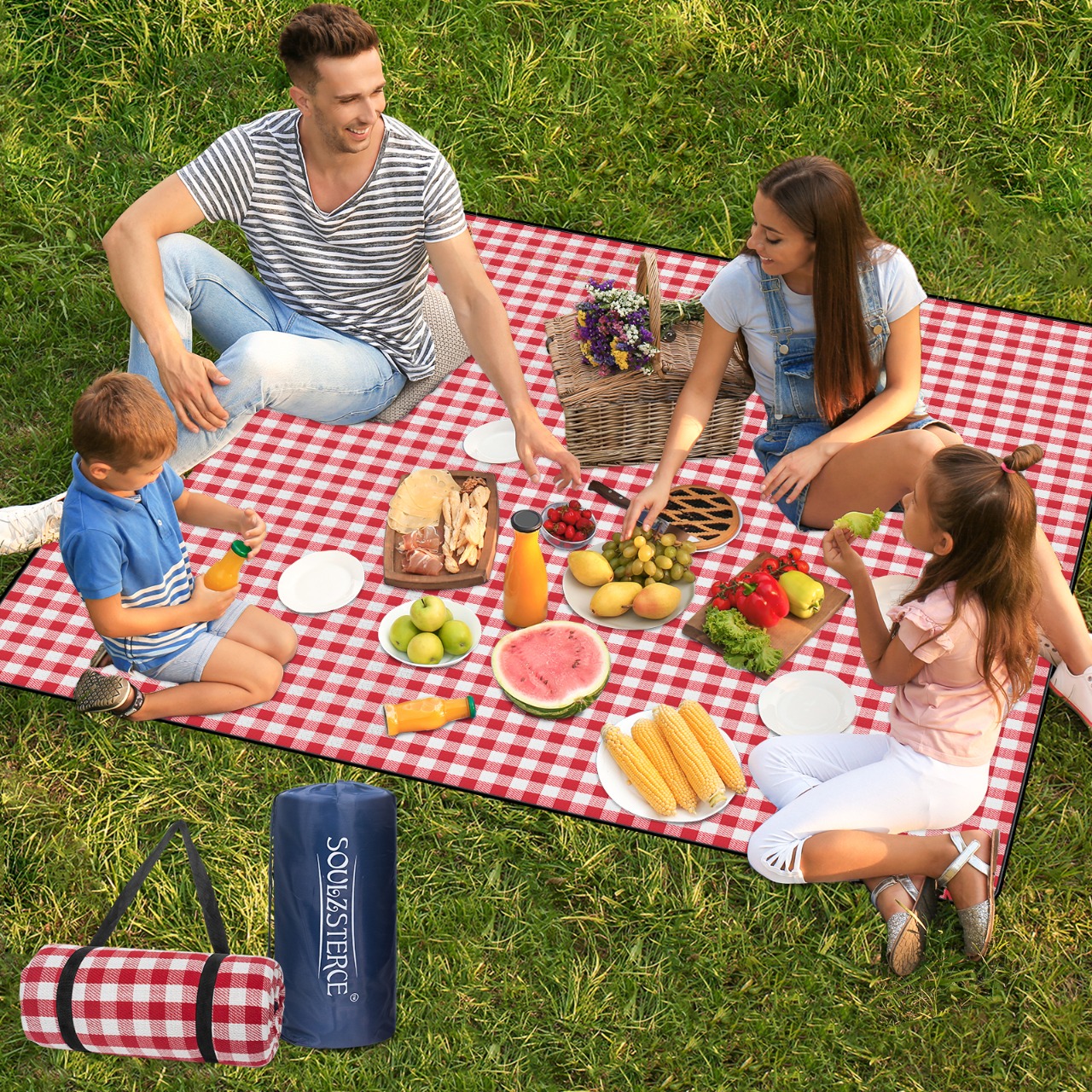 Soulzsterce 79”x 79” Red Checkered Picnic Blanket with a Carry Bag, Fits 4 to 6 People, Soft