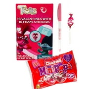 Trolls 16 Valentine Cards with Charms Lollipops MiniPops Candy, Fuzzy Stickers, 48 Heart Sticker Seals and (1) Valentine's Day Pen Classroom Exchange Bundle For Kids