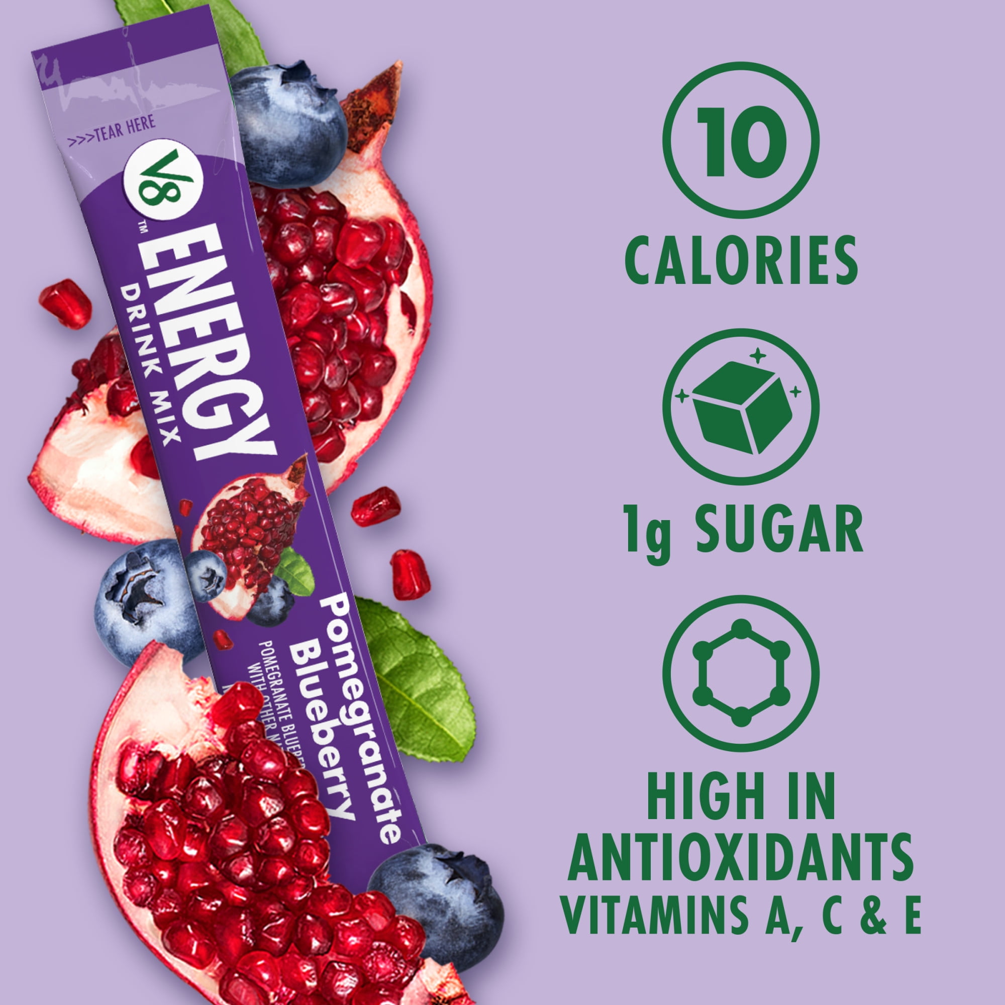 (12 pack) V8 Energy Pomegranate Blueberry Energy Drink Powder, .10 oz Packet (120 Count)