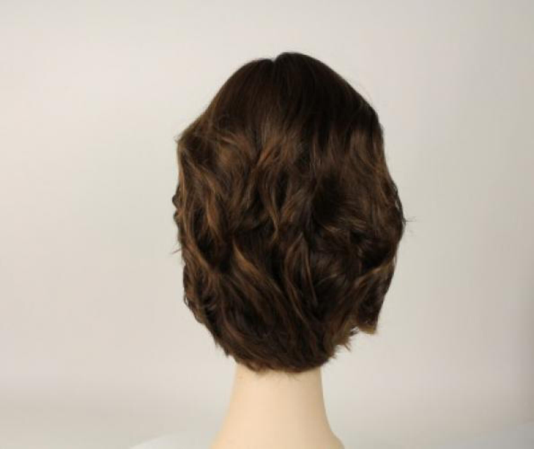 European Human Hair Freeda Wig Regina Medium Brown With Blonde Highlights Multi-Directional Skin Top Size M