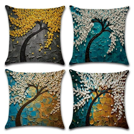 Cushion Cover Set Tayyakoushi Decorative Cotton Linen Set of 4 Throw Pillow Cushion Covers 18 x 18 inch for Sofa, Bench, Bed, Auto Seat (Oil Painting Trees and Flowers Pattern) ()