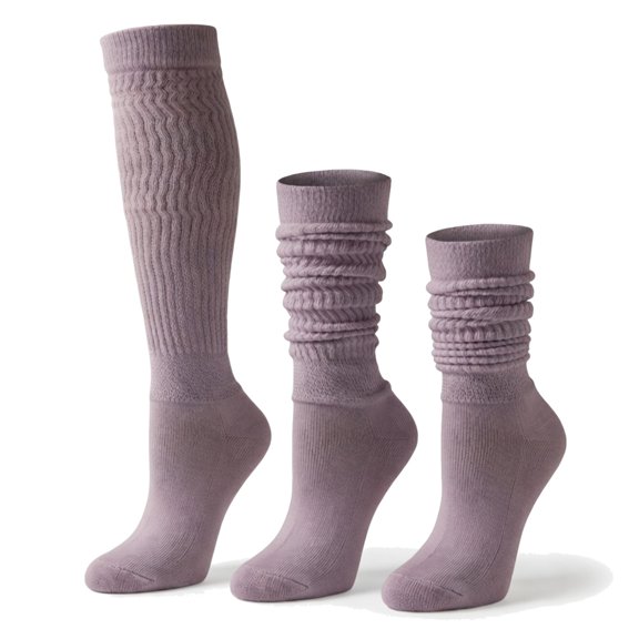 AWS/American Made 2 Pairs Heavyweight Slouch Socks Women, Lilac Cotton Knee High Mid Calf Boot Scrunch Socks, Retro 80s 90s, Size 5-10