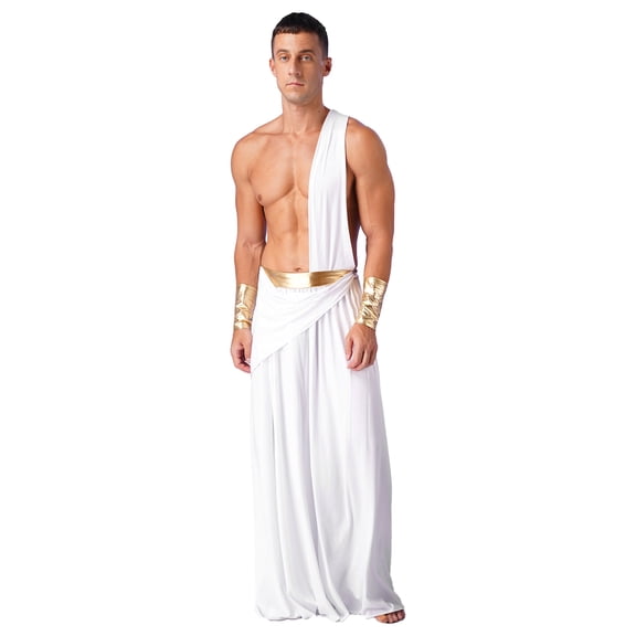Aiihoo Mens Ancient Greek Long Skirt with Wristbands One Shoulder Strap Roman Toga White S