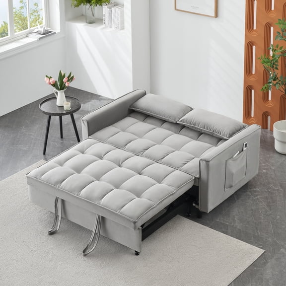Velvet Sofa Bed, 3-in-1 Convertible Sleeper Sofa, Small Love Seat with Pocket & Pillow, Modern Pull Out Bed for Living Room, Apartment, Guest Room, Gray