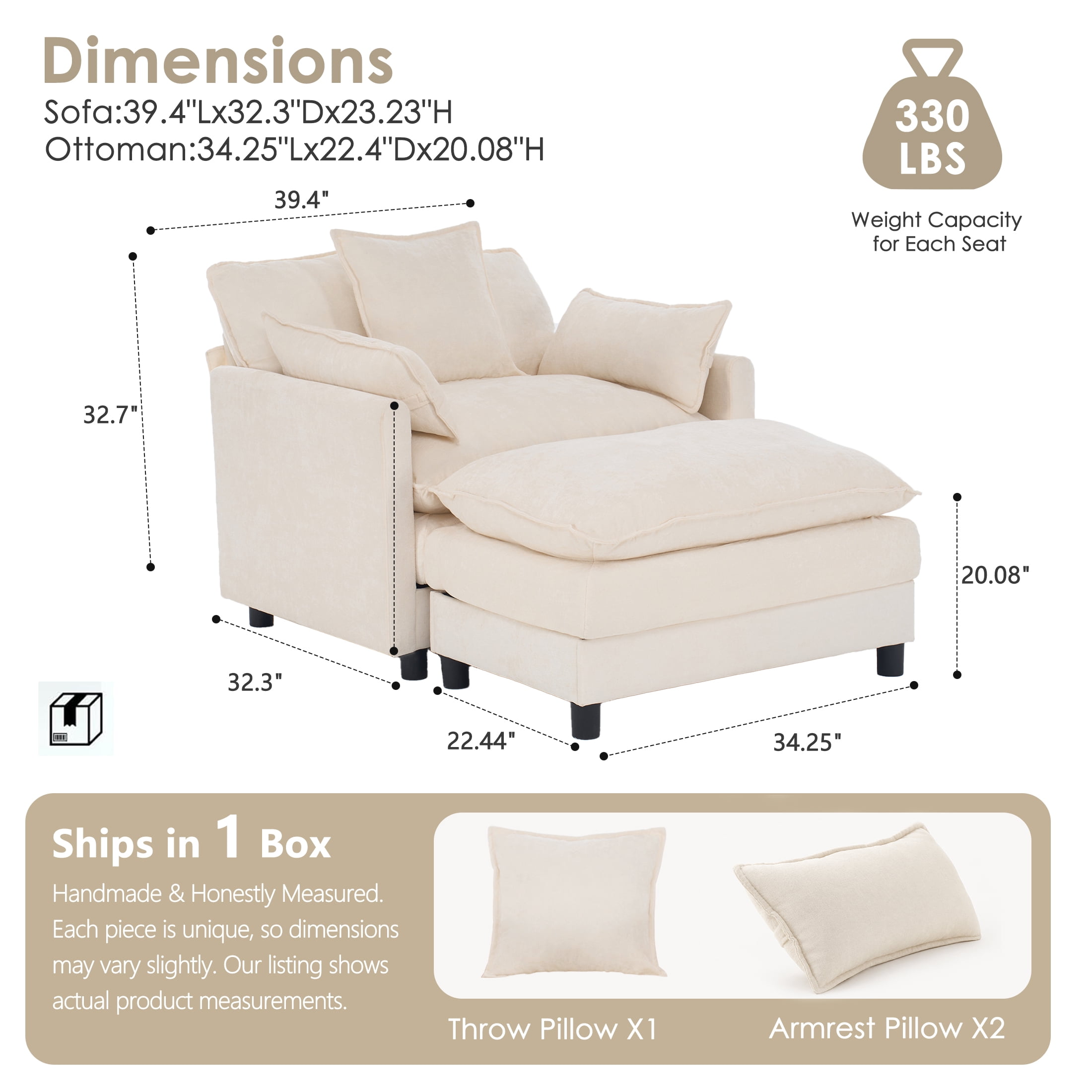 AISWORD Oversized Modular Sectional Sofa with Ottoman, Upholstered Deep Seat Chaise Lounge with Pillows for Living Room, Beige