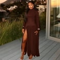 thumbnail image 3 of Women's Turtleneck Long Sleeve Pleated Split Hips Wrapped Long Dress, Solid Color, 3 of 23