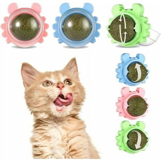 3 bolas de hierba gatera, bocadillos giratorios de 360° montados en la pared para gatos, juguetes comestibles para gatos, bolas de hierba gatera, utilizadas para que los gatos limpien sus dientes y