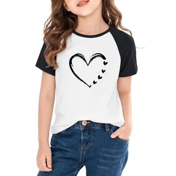 Girls Raglan T-Shirt Short Sleeve - Black Sleeves White Body Heart Graphic, Soft Polyester Spandex, Machine Washable Casual Tee for 4-14 Years,Size 13 T