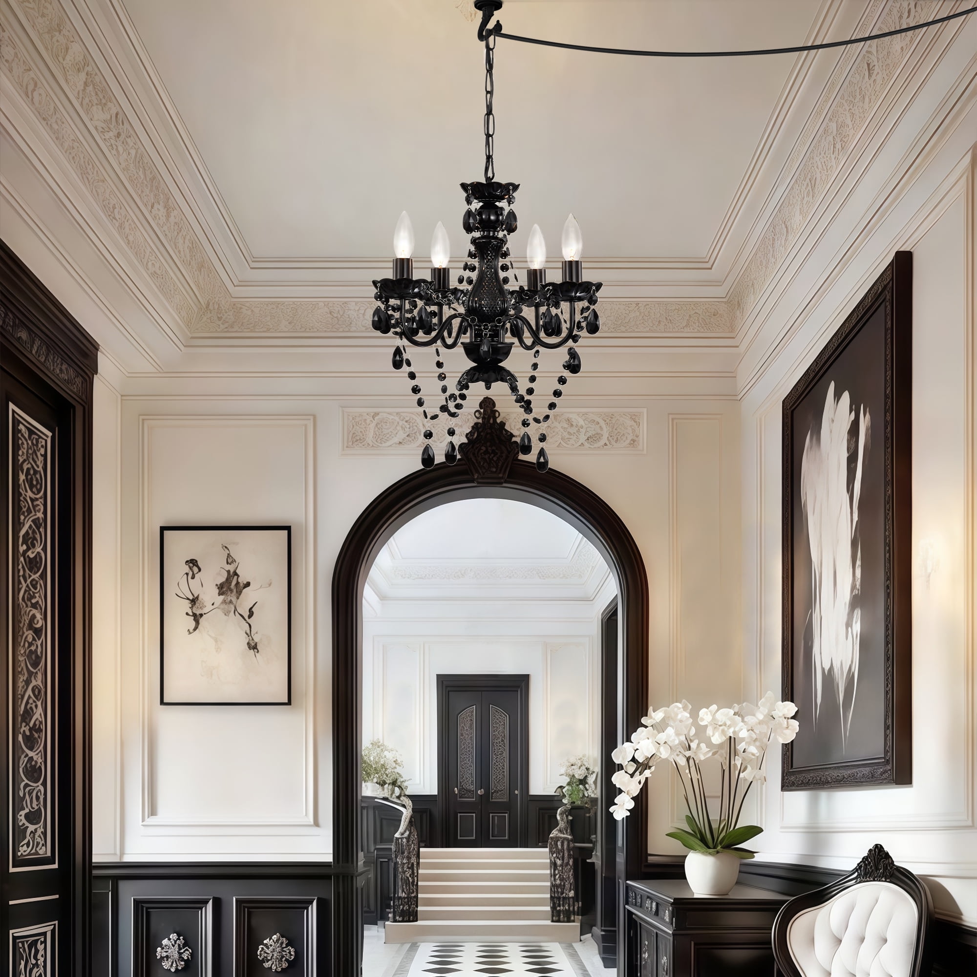 4-Light Elegant Black Finish Plug-in Crystal Chandelier for Bedroom Dining Room, Mini Adjustable Hanging Light