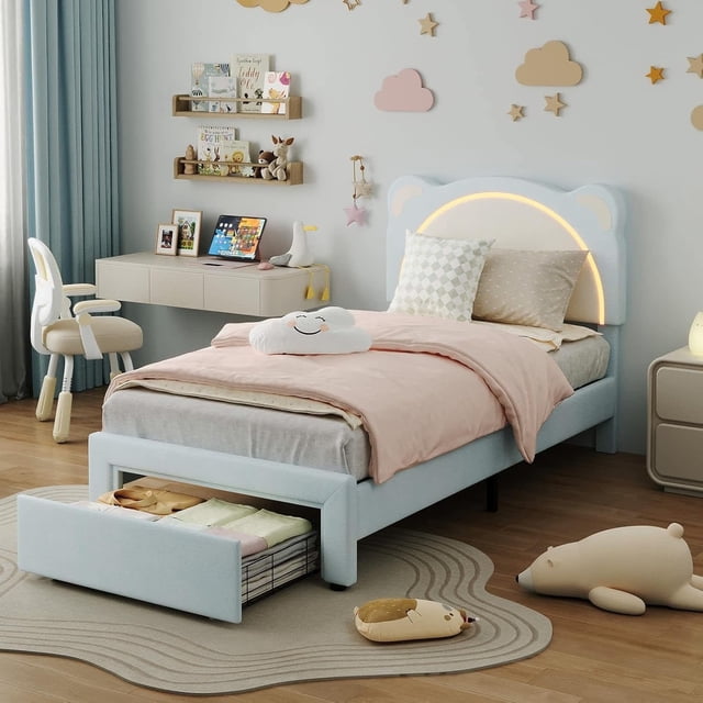 Tamaño individual size forrado platform marco de cama con adjustable LED cabecero y almacenamiento cajón - sturdy de madera slats, moderno design, no box spring required para dormitorio - blue
