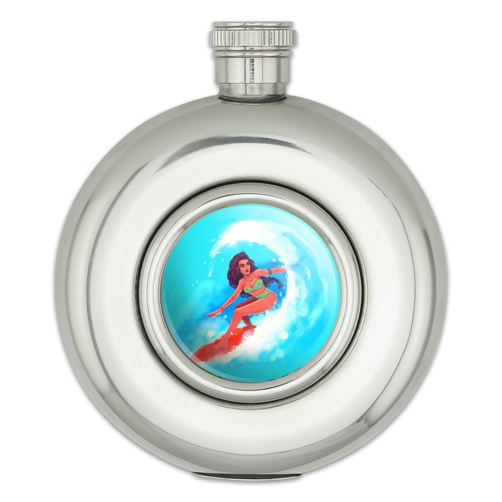 Surfer Girl Surfing On Wave With Surfboard Round Stainless Steel 5oz Hip Drink Flask