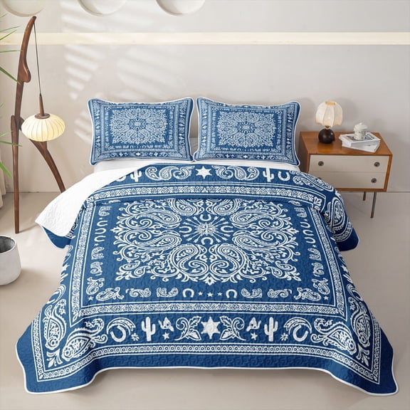 jejeloiu Nautical Vintage Floral Twin Quilt Set For Men Women,Paisley Print Twin Coverlet Set,Blue White,2-Piece