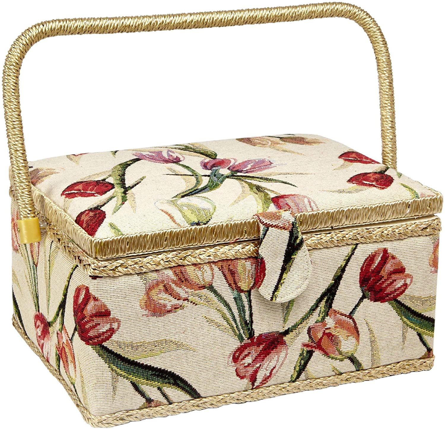 G Type Garden Rose Sewing Box Jadpes Fabric Floral Printed Sewing Basket Craft Box Household Sundry Storage Organizer with Handle Built-in Pin Cushion Interior Pocket 