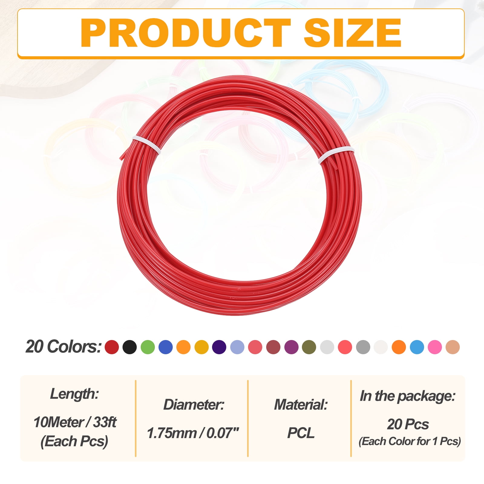 Uxcell 20 Colors 3D Pen Filament, 1.75mm Each 33FT, Total 660FT PCL Filament Refills Low Printing Temperature for 3D Drawing Pens