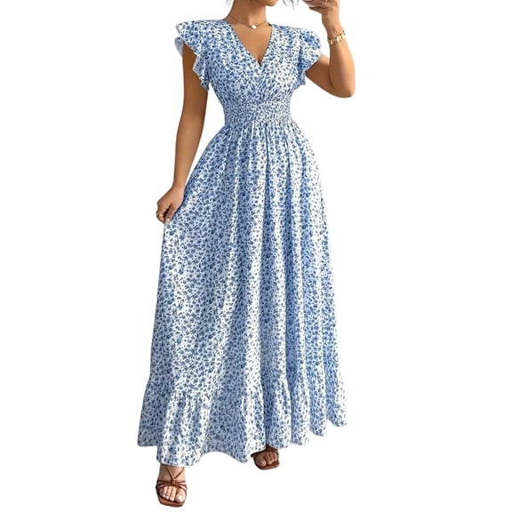 Women'S V Neck Floral Print Maxi Dress with Ruffle Sleeves and Smocked Waist S