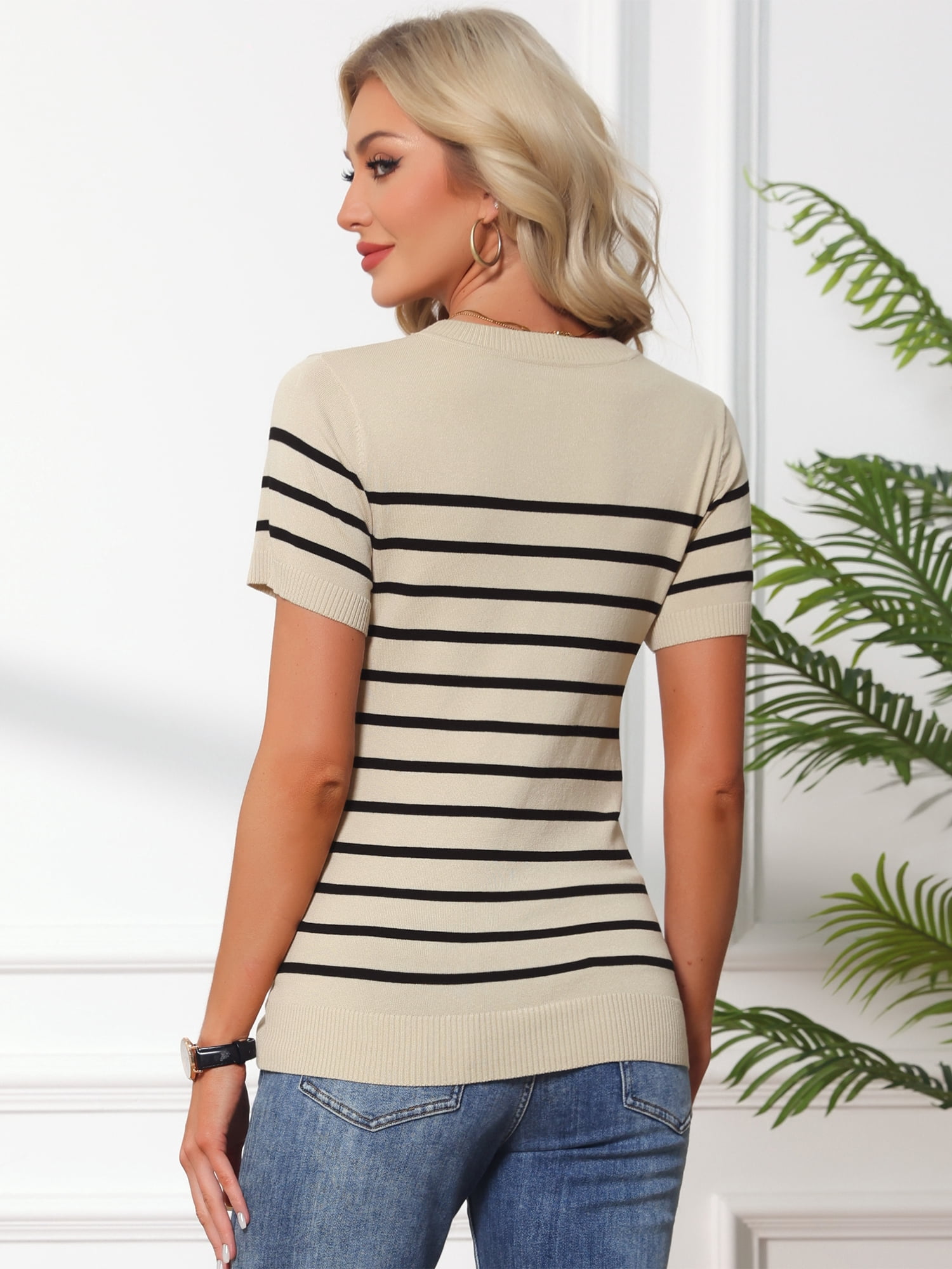 DARING DIVA Women's Maternity Stretchy Knit Short Sleeve Sweater S Black Beige Striped