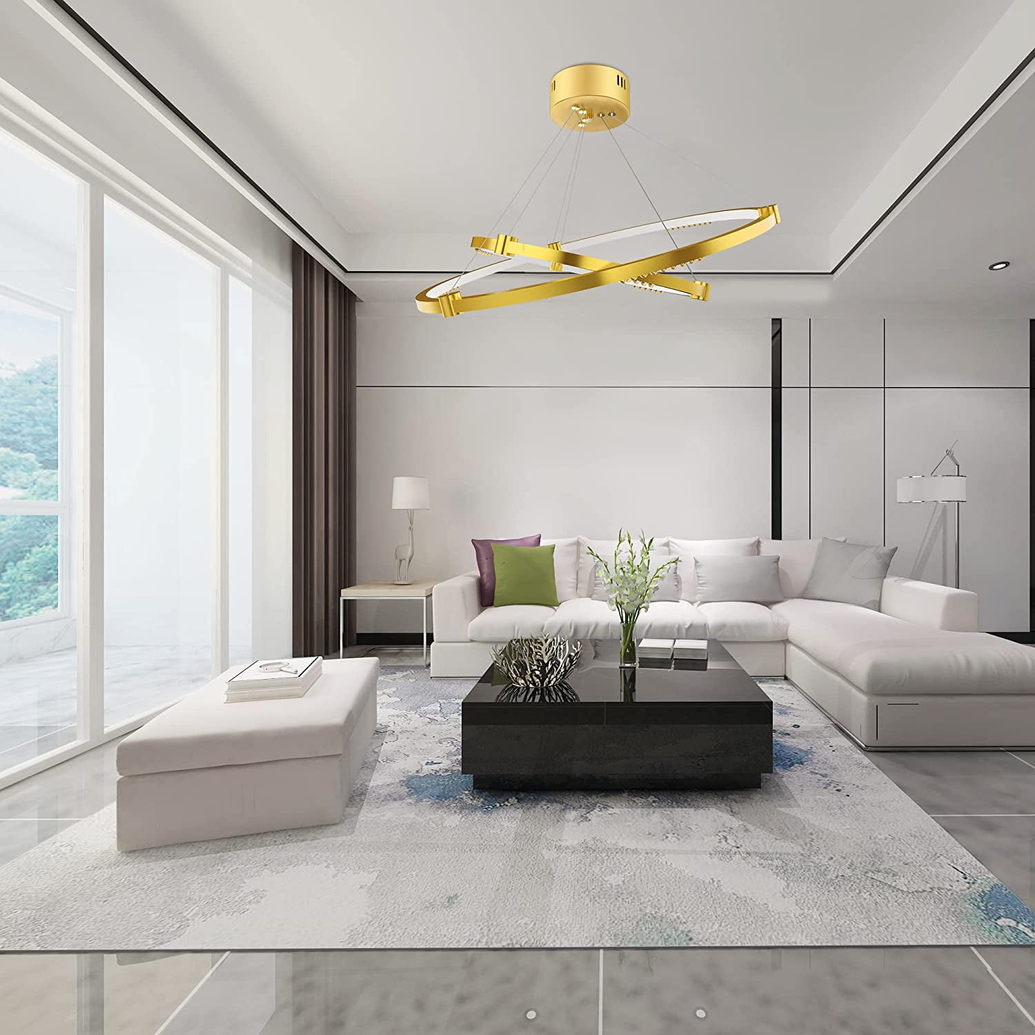 Modern Crystal Rings Chandelier, Contemporary LED Pendant Lighting Fixtures, Designer Double Ring Ceiling Hanging Light for Dining, Living, Bedroom, and Foyer Spaces