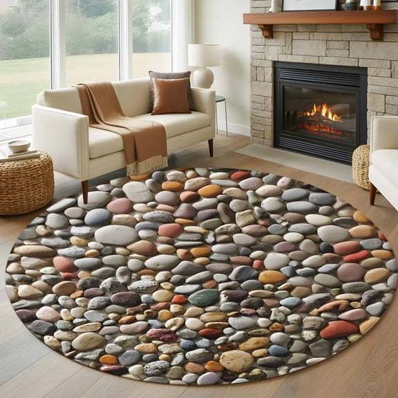 Round Area Rugs Collection 6 Ft, Colorful Stones Non-Slip Residential Carpet, Farmhouse Stones Modern Art Indoor Crawling Mats Runner Rugs for Living Room/Dining Room/Bedroom
