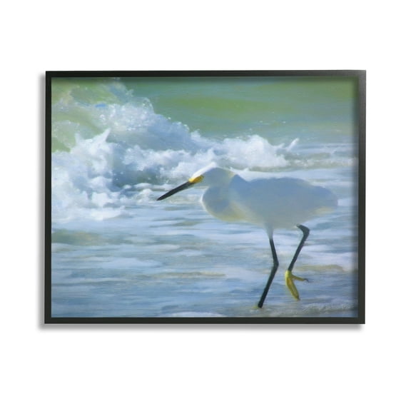 Stupell Industries Egret in Splashing Waves Landscape Painting Black Framed Art Print Wall Art, 14 x 11