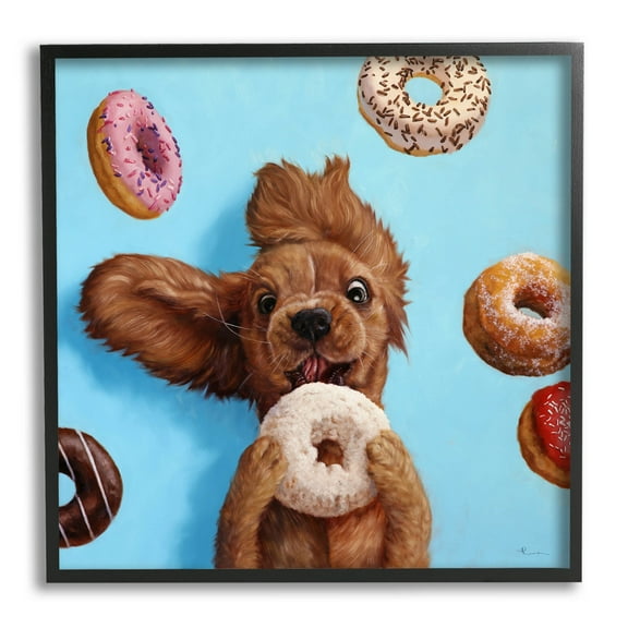 Funny Face Dog Licking Donut Animals & Insects Painting Black Framed Art Print Wall Art