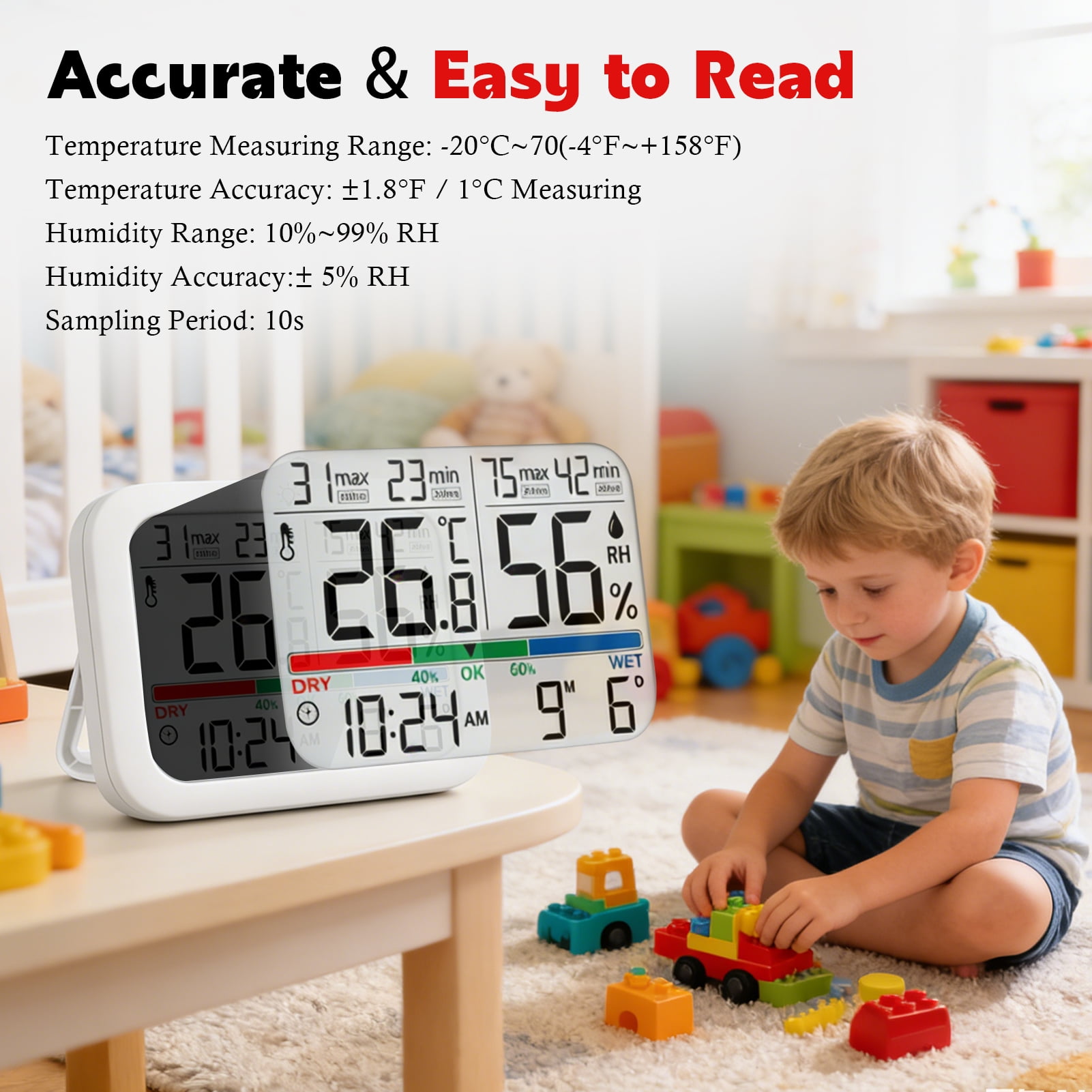 Amaopus 2 Pcs Mini Digital Indoor Thermometer Hygrometer Clock, Room Temperature Humidity Monitor with Calibration, Backlight, Air Comfort Indicator, 24H Max Min Record, Time, Date, Alarm for Home