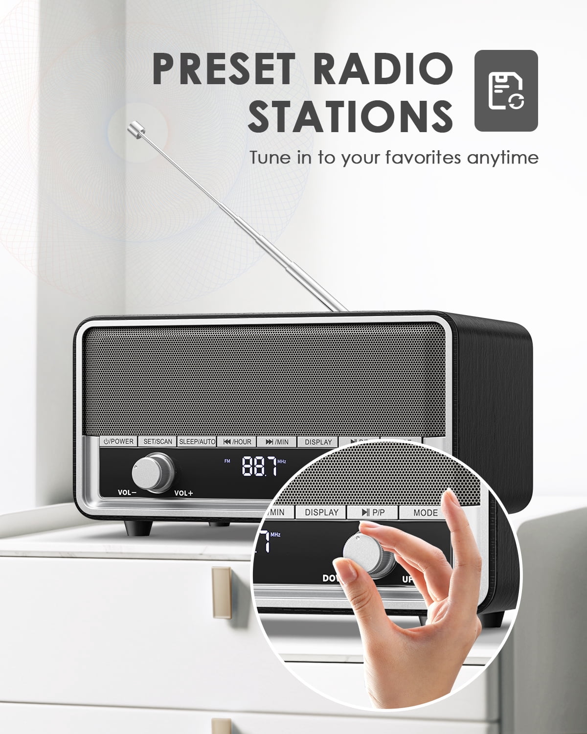 Retro AM FM Radio Plug in Wall, Digital Clock Radio for Bedroom with LCD Display| 40 Presets | Sleep Timer | No Alarm, Retro Bluetooth Speaker for Office,Great Gift Black