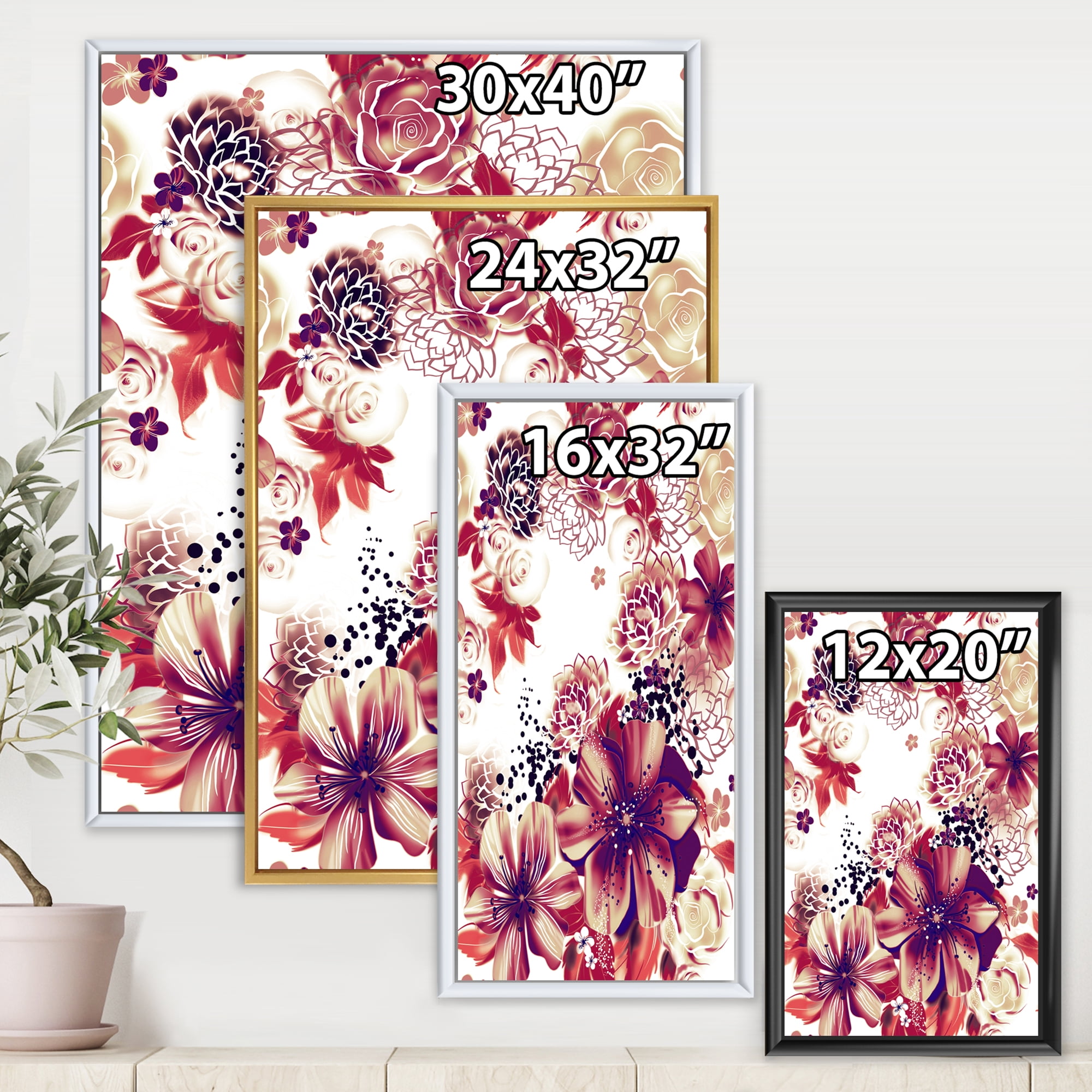 Designart 'Yellow and Pink Flowers Retro' Traditional Framed Canvas Wall Art Print