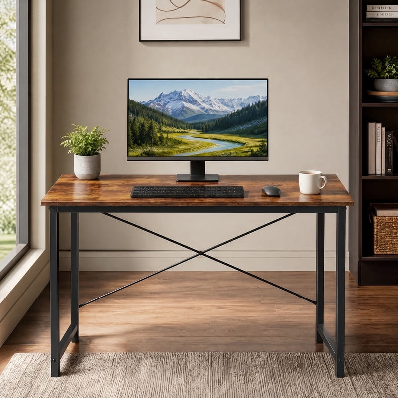 BEAUTYPEAK 44" Computer Desk Writing Gaming Table with Wood Top X-Shaped Reinforced Frame, Rustic Brown
