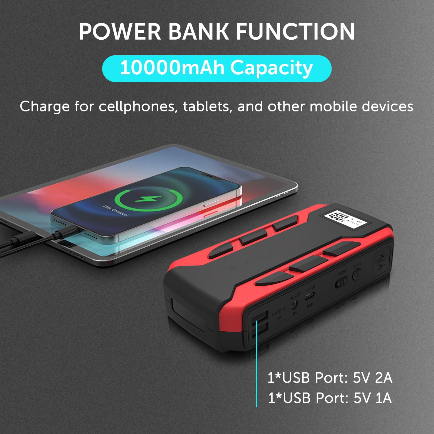 Alpha Digital 800A Portable Car Jump Starter 10,000mAh 6.0L Gas/3.0L Diesel