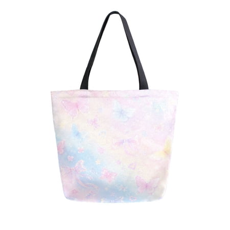 Large Opening Canvas Tote Bag Thickened Durable Shopping Bag Casual Commuter Handbag Lightweight Reusable Daily Bag Dreamy Pink Blue Ribbon Print