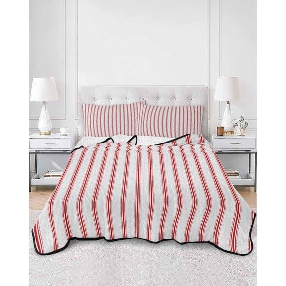 Quilts Full Size, Red Striped Soft Comforter Bedding Set for Bed, Red White Stripes Farmhouse Lightweight Quilted Bedspread with Pillow Cover(2 Pieces) for All Season, 78x90 Inch