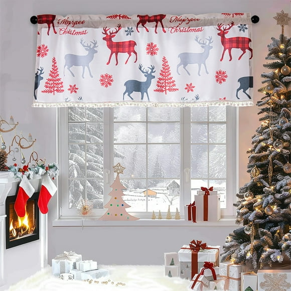 QIPOPIQ Farmhouse Christmas Valance Kitchen Curtains for Windows, Rustic Plaid Christmas Tree Snowflakes Rod Pocket Window Treatments Short Curtains
