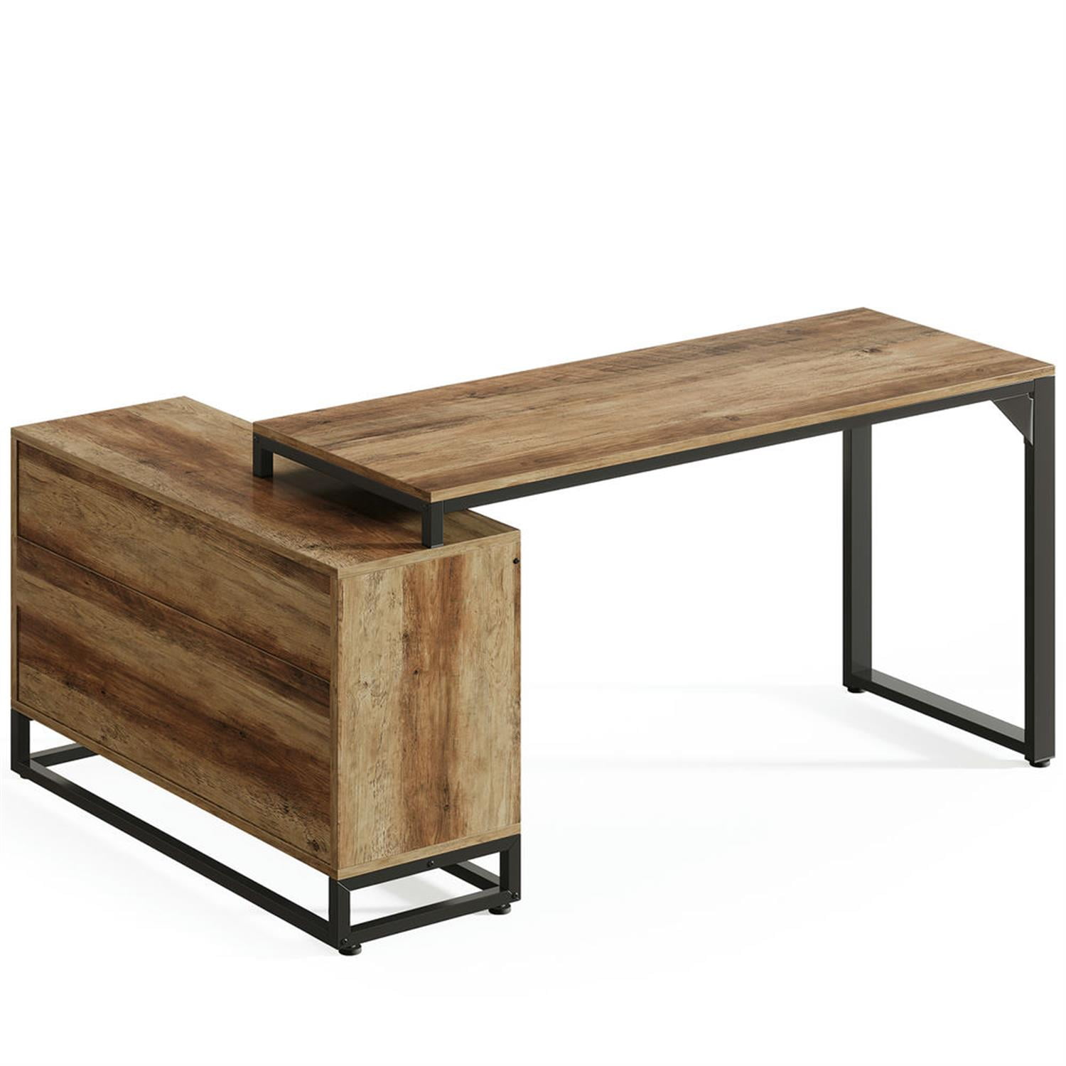 Demi Bonn Farmhouse L Shaped Gaming Computer Desk, 53" Corner Executive Desk with Storage Cabinet for Home Office, Brown