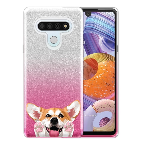 FINCIBO Hot Pink Gradient Glitter Case, Sparkle Bling TPU Cover for LG Stylo 6 6.8" 2020, Animal Red Pembroke Welsh Corgi Dog