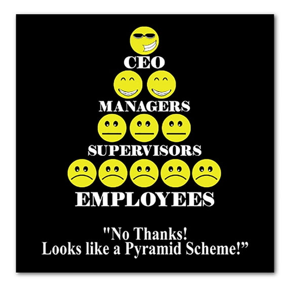 DistinctInk Custom Bumper Sticker - 8" x 8" Decorative Decal - Black Background - No Thanks Looks Like a Pyramid Scheme