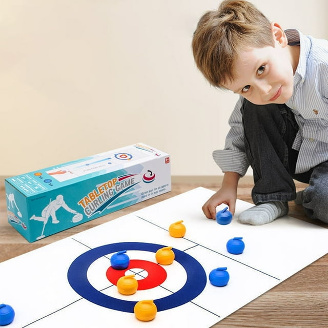 Juego de tablero de juego de curling de mesa | Juguete de curling de simulación portátil | Rompecabezas de coordinación mano-ojo | Actividad interactiva de ocio familiar | Plástico | Azul/Amarillo |