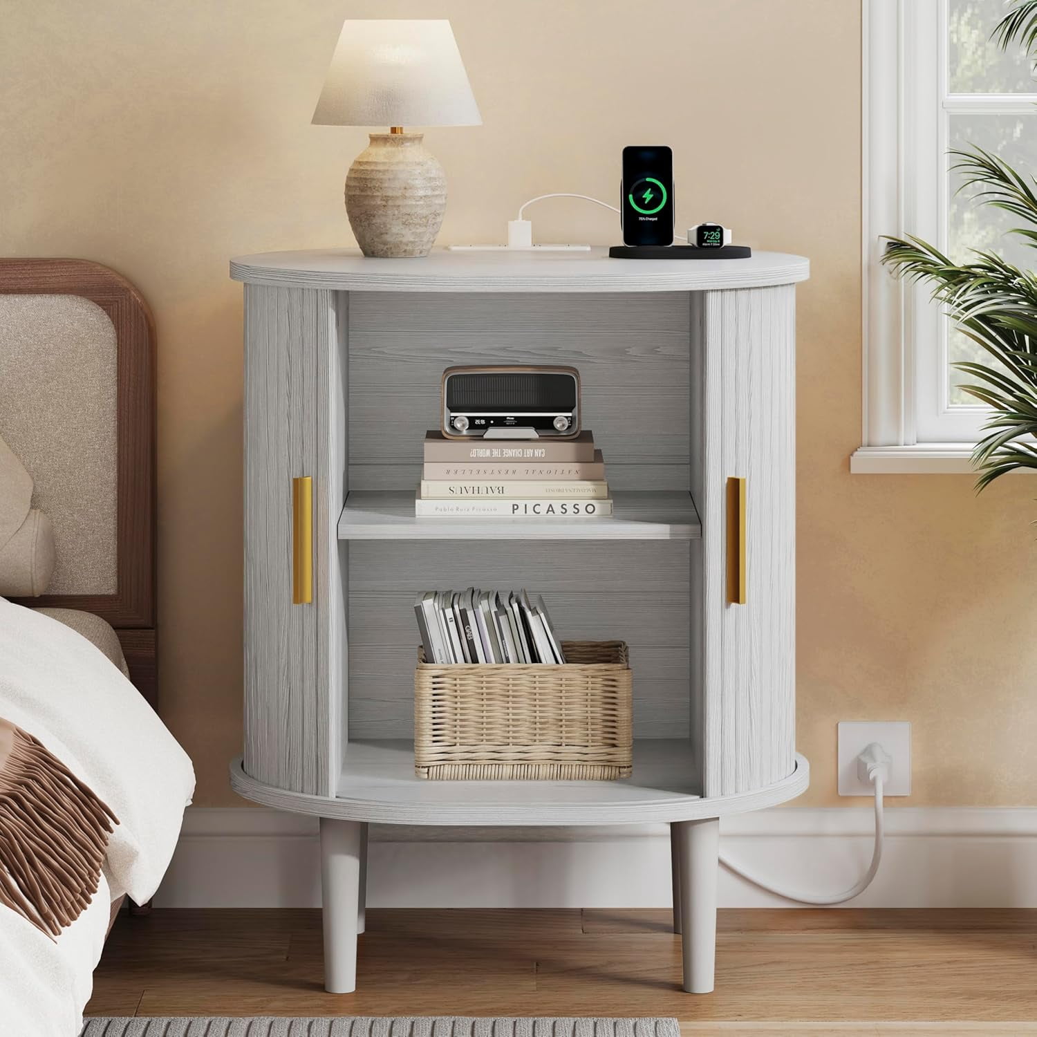 1-Piece Nightstand Set with Charging Station Mid-Century Modern, White Fluted Side Tables with Sliding Door & Adjustable Shelf, Space-Saving End Table for Bedroom, Living Room