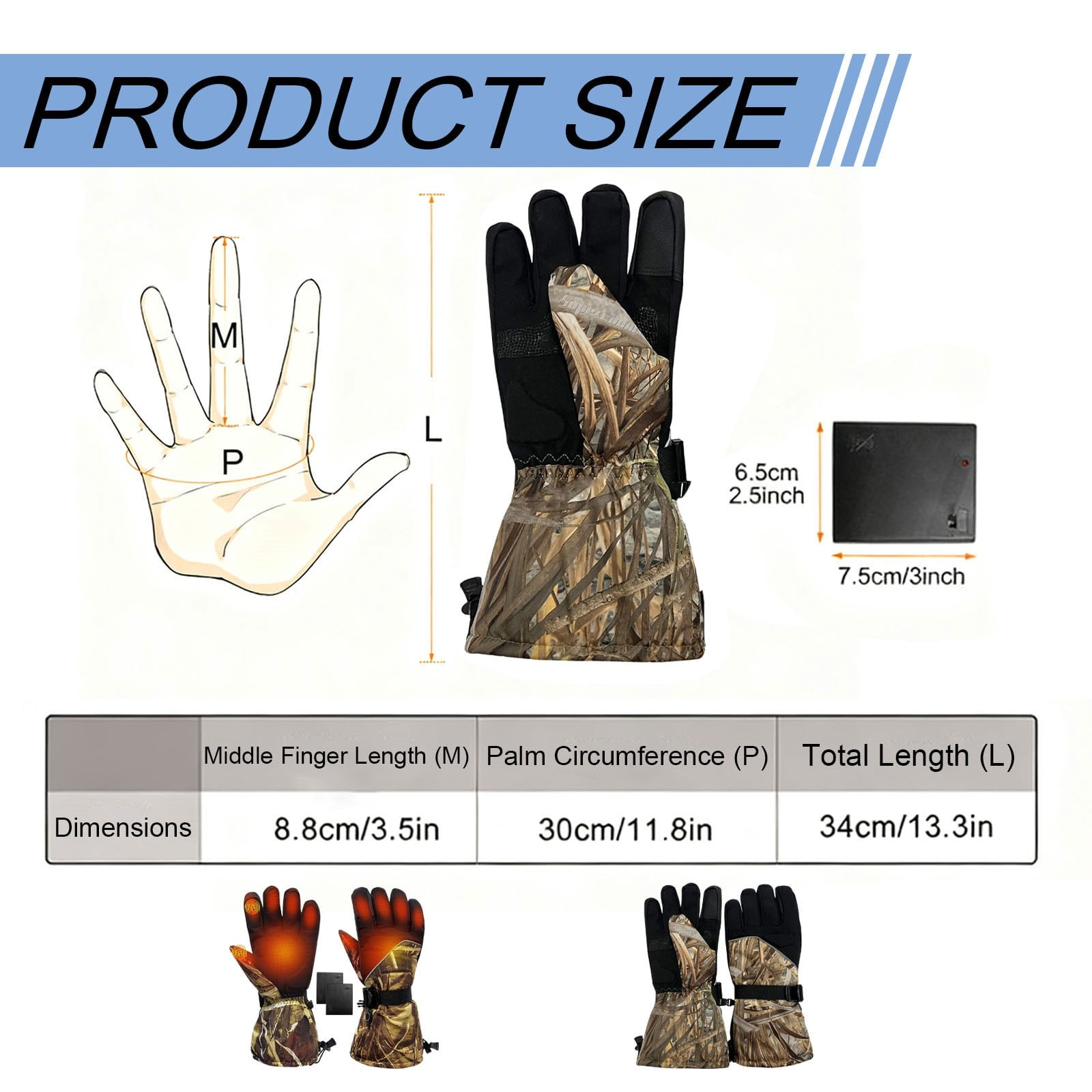 Heated Gloves for Men Women Winter Waterproof Touchscreen 3 Heating Levels Electric Hand Warmer for Skiing Hunting, 8 AA Batteries (Not Included)