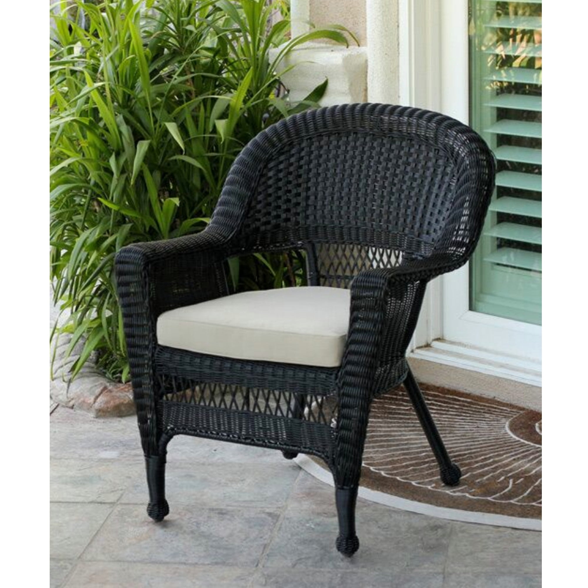 36" Black Resin Wicker Outdoor Patio Garden Chair with Tan Cushion